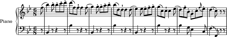 \version "2.18.2"
\header {
tagline = ##f
}
upper = \relative c'' {
\clef treble
\key bes \major
\time 6/8
\tempo 4 = 150
\tempo "Allegro"
\set Staff.midiInstrument = #"piano"
\partial8 f8
(bes4) bes8-. bes-. c-. d-.
d (f,) f-! f4 f8
(g4) g8-. g-. a-. bes-.
bes (d,) d-! d4 d8
(ees4) ees8 ees-. f-. g-.
g (c,) c-! c4 ees8
(d) f-. bes,-. g-. c-. \grace f16 (ees8-.)
d4. (c8) r8 r
}
lower = \relative c {
\clef bass
\key bes \major
\time 6/8
\set Staff.midiInstrument = #"piano"
\partial8 r8
bes4 r8 r4 r8
bes'4 r8 r4 r8
bes,4 r8 r4 r8
bes'4 r8 r4 r8
bes,4 r8 r4 r8
bes'4 r8 r4 r8
bes4 g8 ees4 c8
f4. (f,8) r r
}
\score {
\new PianoStaff <<
\set PianoStaff.instrumentName = #"Piano"
\new Staff = "upper" \upper
\new Staff = "lower" \lower
>>
\layout {
\context {
\Score
\remove "Metronome_mark_engraver"
}
}
\midi { }
}