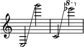 { \override Score.TimeSignature #'stencil = ##f e2 \glissando g'''2 c'2 \glissando \ottava #1 es''''2 }