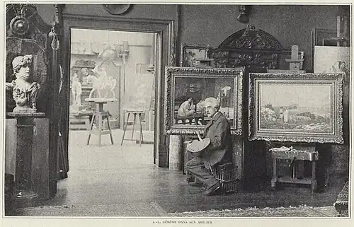 Photographie de Jean-Léon Gérôme dans son studio parisien publiée dans le quotidien français Le Figaro Illustré montrant Daphnis et Chloé, à l'extrême droite.