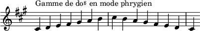  {
\override Score.TimeSignature #'stencil = ##f
\relative c' {
  \key cis \phrygian
  \clef treble \time 7/4
  cis4^\markup { Gamme de do♯ en mode phrygien } d e fis gis a b cis b a gis fis e d cis
} }
