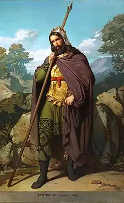 Peinture représentant un homme en armure avec une lance dans la main droite