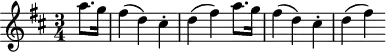 
\header {
  tagline = ##f
}

\score {
  \new Staff \with {

  }
<<
  \relative c'' {
    \key d \major
    \time 3/4
    \override TupletBracket #'bracket-visibility = ##f 
    %\autoBeamOff

     %%%%%%%%%%%%%%%%%%%%%%%%%% K94/73h
     \partial 4 a'8. g16 fis4( d) cis-. d( fis) a8. g16 fis4( d) cis-. d( fis)

  }
>>
  \layout {
    \context {
      \remove "Metronome_mark_engraver"
    }
  }
  \midi {}
}
