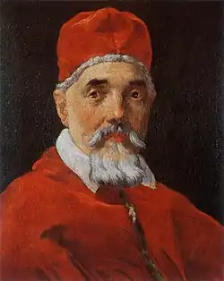 portrait en peinture d'un prélat au manteau et à la toque rouge vif.