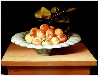 Lubin Baugin, Nature morte à la coupe d'abricots, huile sur bois.