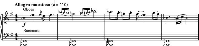 
{  \new PianoStaff << \relative bes' {
  \clef "treble" \numericTimeSignature\time 4/4 \key e \minor \tempo "Allegro maestoso" 4 = 110 | % 1
  \stemDown bes4 ^ "Oboes" _\f \stemDown es4 \acciaccatura { \stemUp es16
    ( } \stemDown d8 ) \stemDown es4. | % 2
  \grace { \stemUp as16 ( [ \stemUp g16 \stemUp ges16 ) ] } \stemDown
  f2 \grace { \stemUp g16 ( [ \stemUp gis16 \stemUp as16 ) ] }
  \stemDown bes2 | % 3
  \stemDown as8. [ \stemDown g16 ^. ] \stemDown f8 ^. [ \stemDown g8
  ^. ] \stemDown f8 ( \stemDown es4 ) \stemDown g16 ( [ \stemDown f16
  ) ] | % 4
  \stemDown bes,4. \stemDown as16 ( [ \stemDown c16 ] \stemDown bes2 )
  \bar "|."
  }
  \new Staff \relative bes,, {
  \clef "bass" \numericTimeSignature\time 4/4 \key e \minor | % 1
  <bes f'>1 ^ "Bassoons" | % 2
  <bes f'>1 | % 3
  <bes f'>1 | % 4
  <bes f'>1 \bar "|."
  } >> }
  