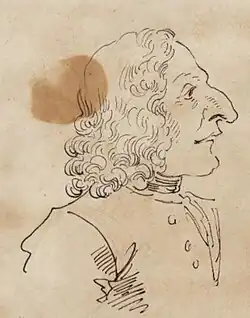 Profil dessiné d'un homme au long nez crochu, aux cheveux ondulés longs.