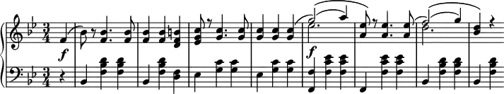 \relative c' {
\new PianoStaff
<<
\new Staff { \key g \minor \time 3/4 \partial 4 \set Score.tempoHideNote = ##t \tempo "" 2. = 64
f4( bes8) r8
<<
{
<f bes>4. <f bes>8 <f bes>4 <f bes> <d f b> <ees g c>8 r <g c>4. <g c>8 <g c>4 <g c> <g c>( g'2)(\( a4) <a, ees'>8\) r <a ees'>4. <a ees'>8( f'2)(\( g4) <bes, d>\) r
}
\\
{
s4. s8 s4 s s s8 s s4. s8 s4 s s ees2.\f s8 s s4. s8 d2.
}
>>
}
\new Dynamics {
s\f
}
\new Staff { \key g \minor \time 3/4 \clef bass \partial4
r4 bes,, <f' bes d> <f bes d> bes, <f' bes d> <d f> ees <g c> <g c> ees <g c> <g c> <f, f'> <f' c' ees> <f c' ees> f, <f' c' ees> <f c' ees> bes, <f' bes d> <f bes d> bes, <f' bes d>
}
>>
}