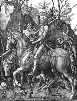 Gravure Le Chevalier, la mort et le diable réalisée par Dürer en 1513.