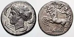 Tétradrachme de Syracuse arborant la nymphe Aréthuse et un quadrige (415-405 av. J.-C.).