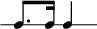 
\header {
  tagline = ##f
}

\score {
  \new RhythmicStaff {
    \time 3/4
    \numericTimeSignature
    \omit Staff.TimeSignature

   c8. c16 c4

  }
  \layout {
   % indent = #0
  }
  \midi {}
}
