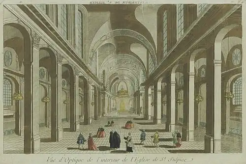 Vue d'optique de la nef de l'église Saint-Sulpice de Paris, vers 1770.