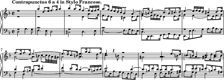 
{
\new GrandStaff << 
\new Staff \with {\magnifyStaff #5/7 } << 
\new Voice \relative c''' {\voiceOne \set Staff.midiInstrument = harpsichord \tempo "Contrapunctus 6 a 4 in Stylo Francese." \tempo 4 = 85 \clef treble \key d \minor \time 2/2
r1
a4 d,8. e16 f8. g16 a4
bes a8. g16 f4~ f16 e f g
a8. [g16] f e d c bes4 \prallprall a~
a8. b16 c4~ c8. b16 cis8. d16
e4~ e16 f e d cis4 d8. e16
f8. e16 f8. d16 e2~
e8. d16 c8. b16 a8. a'16 g8. f16
e4 r r2
r2 a,4 e'8. d16
c8. b16 a4 gis a8. b16
}  
\new Voice \relative c' {\voiceTwo \clef treble \key d \minor
r1
r
r2 d4 a'8. g16
f8. e16 d4 cis d8. e16
f4~ f16 g f e d4 e8. f16
g4 f~ f8. e16 f8. g16
a2~ a8. b16 c8~ c32 b a gis
a2 e'4. d8
c4. b8 a2
gis2 a4. b8
c2~ c8. d16 c8. b16
}
  >>
\new Staff \with { \magnifyStaff #5/7 } <<
\new Voice \relative c' {\voiceOne \set Staff.midiInstrument = harpsichord \clef treble \key d \minor \time 2/2
r1
r
r
r
r
r
d4 a8. b16 c8. d16 e4
f e8. d16 c4~ c16 b c d
e2. d4~
d8. b16 e8. d16 c8. d16 c8. b16
a8. e'16 e8. dis16 e8. b16 c8. gis16
}  
\new Voice \relative c {\voiceTwo \clef bass \key d \minor
d2 a'4. g8
f4. e8 d2
cis d4. e8
f2~ f8. g16 f8. e16
d8. d,16 e8. f16 g8. a16 g8. f16
e8. e'16 f8. g16 a8. bes16 a8. g16
f4 d a'2~
a1~
a8. e16 a8. g16 f8. e16 f8. d16
e4. e8 f8. e16 fis8. gis16
a8. g16 f4 e2
}
>> >> }
