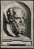 Portrait gravé en buste de Socrate, tourné vers la droite du spectateur.