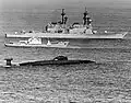 Sous-marin de Classe Victor, un navire de Classe Moma et le destroyer USS Peterson (DD-969)
