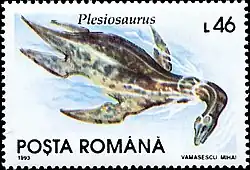 Timbre roumain de 1993 avec un Plesiosaurus.