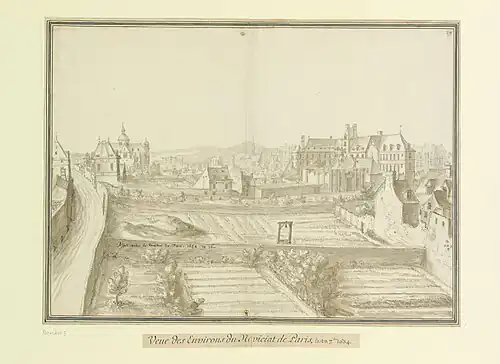 Dessin d'Etienne Martellange représentant les environs du noviciat en 1634 : on aperçoit la chapelle en cours de construction.