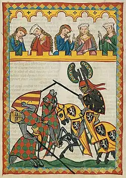 En haut, 5 dames spectatrices d'un tournoi. Un chevalier brise sa lance en blessant à la tête son adversaire qui tombe
