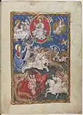 Adoration du christ. Noces de l'agneau. Ange appelant les oiseaux. Combat contre la bête. La bête et le faux prophète dans le feu., f.22