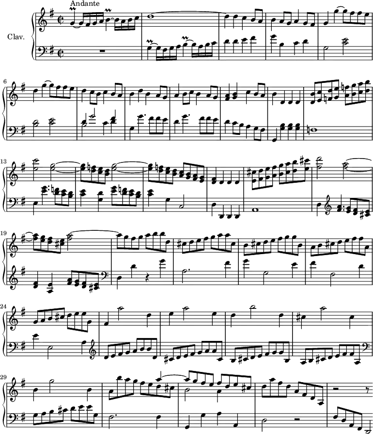 \version "2.18.2"
\header {
tagline = ##f
% composer = "Domenico Scarlatti"
% opus = "K. 324"
% meter = "Andante"
}
%% les petites notes
trillG = { \tag #'print { g4\prall~ } \tag #'midi { a32 g a g~ g8~ } }
trillB = { \tag #'print { b4\prall~ } \tag #'midi { c32 b c b~ b8~ } }
upper = \relative c'' {
\clef treble
\key g \major
\time 2/2
\tempo 2 = 72
s8*0^\markup{Andante}
\trillG g16 fis g a \trillB b16 a b c | d1~ | d4 d c b8 a | b4 a8 g a4 g8 fis |
% ms. 5
g4 \repeat unfold 2 { g'4~ g8 fis fis e | d4 } c8 b c4 b8 a | b4 d b a8 g | a4 b8 c b4 a8 g |
% ms. 10
< fis a >4 < g b > c b8 a | b4 d, d d | < d b' >8 < e c' > < f d' > < g e' > < a f' > < b g' > < c a' > < d b' > |
< e c' >2 \repeat unfold 2 { < e g >2~ |
% ms. 14
q8 < d f >8 < c e > < b d > } < a c > < g b > < fis a > < e g > | < d fis >4 d d d |
< e cis' >8 < fis d' > < g e' > < a fis' > < b g' > < cis a' > < d b' > < e cis' > |
% ms. 18
< fis d' >2 < fis a >2~ q8 < e g >8 < d fis > < cis e > < fis a >2~ | a8 g fis g a b b d, | cis d e fis g a a cis, |
% ms. 22
b8 cis d e fis g g b, | a b cis d e fis fis a, | g a b cis d e e g, | fis4 a'2 d,4 |
% ms. 26
e4 a2 e4 | d b'2 d,4 | cis a'2 cis,4 | b g'2 b,4 |
% ms. 30
a8 b' a g << { s4 a4~ | a8 g fis e fis d e cis } \\ { fis8 e d cis | b2 a4 } >> | d8 a' fis d a fis d a | r2 r8
}
lower = \relative c' {
\clef bass
\key g \major
\time 2/2
% ************************************** \appoggiatura a16 \repeat unfold 2 { } \times 2/3 { } \omit TupletNumber
R1 | \trillG g16 fis g a \trillB b16 a b c | d4 d e fis | g b, c d |
% ms. 5
g,2 < c e >2 | < b d > < c e > | << { d4 g2 fis4 } \\ { b,2 c4 d } >> | g,4 \repeat unfold 2 { g'4. fis8 fis e |
% ms. 10
d4 } c8 b a4 g8 fis | g,4 < g' b > q q | f1 | e4 < e' g >4. < d f >8 < c e > < b d >
% ms. 14
< c e >4 < g d' > < e' g >8 < d f > < c e > < b d > | < c e >4 g4 c,2 | d4 d, d d | a'1 |
% ms. 18
d4 \clef treble < fis' a >4. < e g >8 < d fis > < cis e > | < d fis >4 < a e' > < fis' a >8 < e g > < d fis > < cis e > \clef bass | d,4 d' r4 g | a,2. fis'4 |
% ms. 22
g4 g,2 e'4 | fis fis,2 d'4 | e e,2 a4 \clef treble | d8 e fis g a b b d, |
% ms. 26
cis8 d e fis g a a cis, | b cis d e fis g g b, | a b cis d e fis fis a, \clef bass | g a b cis d e e g, |
% ms. 30
fis2. fis4 | g, g' a a, | d2 r2 | fis8 d a fis d2*1/4
}
thePianoStaff = \new PianoStaff <<
\set PianoStaff.instrumentName = #"Clav."
\new Staff = "upper" \upper
\new Staff = "lower" \lower
>>
\score {
\keepWithTag #'print \thePianoStaff
\layout {
#(layout-set-staff-size 17)
\context {
\Score
\override TupletBracket.bracket-visibility = ##f
\override SpacingSpanner.common-shortest-duration = #(ly:make-moment 1/2)
\remove "Metronome_mark_engraver"
}
}
}
\score {
\keepWithTag #'midi \thePianoStaff
\midi { \set Staff.midiInstrument = #"harpsichord" }
}