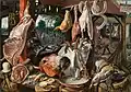 Étal de viande avec la Sainte Famille faisant l'aumône durant la Fuite en Égypte, par Pieter Aertsen