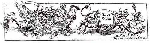 Gravure figurant un bœuf gras et divers personnages costumés courant
