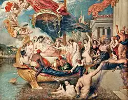 Peinture mythologique du 19ème siècle : embarcation centrale, figures diverses (hommes, femmes, anges) dans une scène dynamique et ornée. Composition académique riche, éclairage et couleurs vibrants, évoquant un récit mythologique complexe.