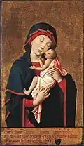 Hayne de Bruxelles, Vierge à l'Enfant, vers 1454-1455, 61,9&nbsp;×&nbsp;36,2&nbsp;cm, Nelson-Atkins Museum of Art, Kansas City[21].