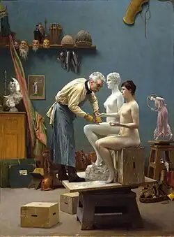 Le Travail du marbre, 1890, Dahesh Museum of Art ; Gérôme se représente en train de sculpter Tanagra.