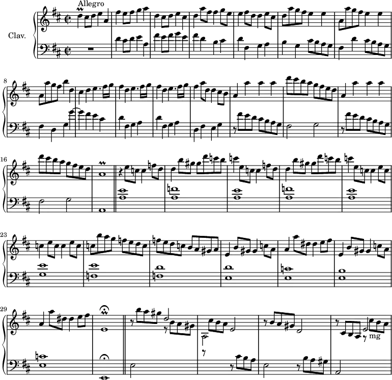 \version "2.18.2"
\header {
tagline = ##f
% composer = "Domenico Scarlatti"
% opus = "K. 352"
% meter = "Allegro"
}
%% les petites notes
trillEr = { \tag #'print { e,1\prall\fermata } \tag #'midi { \times 2/3 { fis16 e fis e fis e~ } \tempo 2 = 60 e2. \tempo 2 = 76 } }
trillAr = { \tag #'print { a1\prall } \tag #'midi { \times 2/3 { b16 a b a b a~ } \tempo 2 = 60 a2. \tempo 2 = 76 } }
trillD = { \tag #'print { d4\prall } \tag #'midi { \times 2/3 { e16 d e } d8 } }
upper = \relative c'' {
\clef treble
\key d \major
\time 2/2
\tempo 2 = 76
s8*0^\markup{Allegro}
\trillD cis8 d e4 a, | fis' e8 fis g4 a | d, cis8 d e4 cis | d a'8 fis fis4 g8 e |
% ms. 5
e4 fis8 d d4 e8 cis | d \repeat unfold 2 { a' g fis e4 e | a,8 } a' g fis b4 d, |
% ms. 9
cis4 \repeat unfold 3 { d e4. fis16 g | fis4 } a8 d, d4 cis8 b |
% ms. 13
\repeat unfold 2 { a4 a' a a | d8 cis b a g fis e d } | \trillAr
% ms. 18
r4 \repeat unfold 2 { e'8 c c4 f8 d | d4 b'8 gis gis d' c b |
% ms. 22
c4 } \repeat unfold 3 { e,8 c c4 } e8 c | c b' a g f e d c | f e d c b a gis a |
% ms. 26
\repeat unfold 2 { e4 b'8 gis gis4 c8 a | a4 a'8 dis, dis4 e8 fis } | \trillEr
% ms. 31
r8 b''8 a gis \stemUp d2 \stemNeutral | r8 cis8 b a e2 | r8 b'8 a gis d2 | r8 cis8 b a e'2
}
lower = \relative c' {
\clef bass
\key d \major
\time 2/2
% ************************************** \appoggiatura a16 \repeat unfold 2 { } \times 2/3 { } \omit TupletNumber
R1 | d4 cis8 d e4 a, | fis' e8 fis g4 e | fis d b cis |
% ms. 5
d4 fis, g a | b g cis8 b a g | fis4 d' cis8 b a g | fis4 d g g'~ |
% ms. 9
g4 fis e cis | \repeat unfold 2 { d4 fis, g a } | d,4 fis e g |
% ms. 13
\repeat unfold 2 { r8 fis'8 e d cis b a g | fis2 g } | a,1 \bar "||"
% ms. 18
\repeat unfold 2 { < a' e' >1 < a f' > }
% ms. 22
< a e' >1 < g e' > < f e' > < f d' >
% ms. 26
< e d' >1 < e c' > < e b' > < e c' > e,1\fermata \bar "||"
% ms. 31
e'2 \stemDown \change Staff = "upper" r8 b''8 a gis | a,2 \stemNeutral \change Staff = "lower" r8 cis8 b a | e2 r8 b'8 a gis | a,2 \stemDown \change Staff = "upper" r8 cis''8_\markup{mg} b a |
}
thePianoStaff = \new PianoStaff <<
\set PianoStaff.instrumentName = #"Clav."
\new Staff = "upper" \upper
\new Staff = "lower" \lower
>>
\score {
\keepWithTag #'print \thePianoStaff
\layout {
#(layout-set-staff-size 17)
\context {
\Score
\override TupletBracket.bracket-visibility = ##f
\override SpacingSpanner.common-shortest-duration = #(ly:make-moment 1/2)
\remove "Metronome_mark_engraver"
}
}
}
\score {
\keepWithTag #'midi \thePianoStaff
\midi { \set Staff.midiInstrument = #"harpsichord" }
}