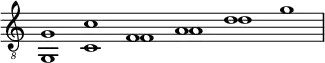 \new Staff \with {\remove "Time_signature_engraver"}{\time 6/1\clef "G_8" { << {g1 c' f a d'} \\ { g,1 c f a d' g'} >>}}