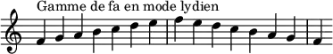 {
\override Score.TimeSignature #'stencil = ##f
\relative c' {
\key f \lydian
\clef treble \time 7/4
f4^\markup { Gamme de fa en mode lydien } g a b c d e f e d c b a g f
} }