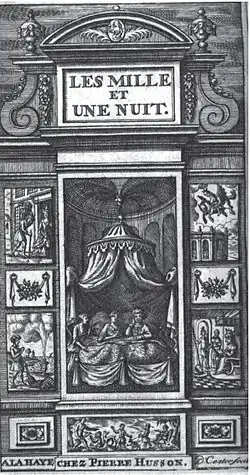 Illustration d'un livre imitant un monument, avec en son centre l'image d'un lit à baldaquin avec trois femmes, sur le pourtour des caissons illustrés ou décorés, en haut un fronton où il est écrit Les Mille et Une Nuit, et à la base une inscription disant "A La Haye chez Pierre Husson".