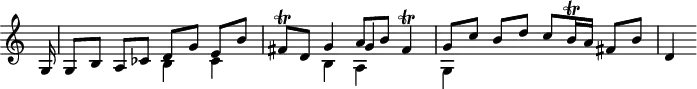 
\version "2.18.2"
\header {
  tagline = ##f
}

\score {
  \new Staff \with {
    \remove "Time_signature_engraver"
    instrumentName = #" "
  }
  \relative c'' {
    \time 2/2
    \tempo 2 = 82
    \clef treble
    \override Rest #'style = #'classical %% CODE CORRECT
    \set Staff.keySignature = #`(((0 . 10) . ,FLAT)
                                ((0 . 3) . ,SHARP)
                                ((0 . 7) . ,SHARP))

    \partial 16 g,16 | g8[ b] a[ ces] << { d[ g] e[ b'] } \\ { b,4 ces } >>
    fis8\trill d << { g4 a8 b fis4\trill } \\ { b,4 a } \\ { s4 g'4 } >>
    << { g8[ c] b[ d] c[ b16\trill a] fis8[ b] } \\ { g,4 } >>
    d'4

  }
  \layout {
    \context {
      \Score
      \remove "Metronome_mark_engraver"
    }
  }
  \midi {}
}
