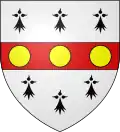 Blason d'Ives de Pontsal : d'argent à la fasce de gueules chargée de trois besants d'or et accompagnée de six mouchetures d'hermines de sable.