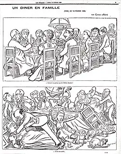 Caricature en deux images disposées verticalement, la première montrant une famille dînant à table, la deuxième montrant les mêmes personnages se battant.