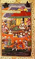 Babur reçoit Baqi Beg Chaghaniyani dans son campement sur les rives de l'Oxus. British Library, entre 1590 et 1593.