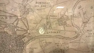 Détail de carte réalisée par l'abbé Jean Delagrive en 1731 figurant le village Nogent-sur-Marne et le site de Plaisance au XVIIIe siècle