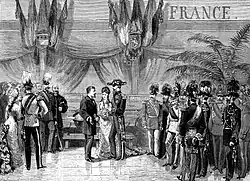 Visite de l'exposition internationale de Bruxelles par le roi Léopold II de Belgique et la reine Marie-Henriette le 27 septembre 1876.