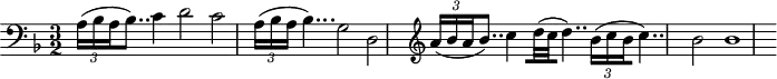 
\header {
  tagline = ##f
}

\score {
  \new Staff \with {

  }
<<
  \relative c' {
  \clef bass
  \key d \minor
  \time 3/2
  \tempo 2 = 72
  \set Staff.midiInstrument = #"harpsichord" 
    \override TupletBracket #'bracket-visibility = ##f 
    %\autoBeamOff

     %%%%%%% effet
    { \times 2/3 { a16( bes a } bes8..) } c4 d2 c | { \times 2/3 { a16( bes a } bes4...) } g2 d |
    \clef treble 
    { \times 2/3 { a''16[( bes a } bes8..]) } c4 [d32( c d4..)] { \times 2/3 { bes16[( c bes } c4..)] }
    bes2 bes1 

  }
>>
  \layout {
     \context { \Score \remove "Metronome_mark_engraver" }
  }
  \midi {}
}
