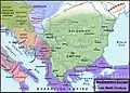 Le sud-est de l'Europe au IXe&nbsp;siècle y compris la principauté de Blatnograd et la Bulgarie au-delà du Danube.