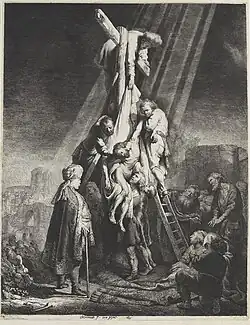 La Grande Descente de croix, eau-forte de Rembrandt (1633).