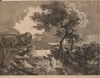 Niobé est au centre, serrant un petit enfant contre elle et levant les yeux vers le ciel. À droite, Apollon et Artémis tirent des flèches sur ses enfants. Plusieurs sont déjà morts ou blessés ; les autres, à gauche, tentent de s'échapper. Il y a une masse d'arbres cassés à l'extrême droite, une forteresse et une mer orageuse avec un éclair à gauche. L'image est dans le sens inverse de celui du tableau, à savoir que l'arbre du premier plan est à droite et la forteresse à gauche.