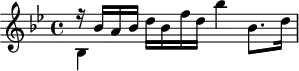 
\header {
  tagline = ##f
}

\score {
  \new Staff \with {

  }
<<
  \relative c'' {
    \key bes \major
    \time 4/4
    \override TupletBracket #'bracket-visibility = ##f 
    \autoBeamOff

     %%%%%%%%%%%%%%%%%%%%%%%%%% K33e / Anh 200
     << { r16 bes16[ a bes] } \\ { bes,4 } >>
      d'16[ bes f' d] bes'4 bes,8.[ d16]

  }
>>
  \layout {
    \context {
      \remove "Metronome_mark_engraver"
    }
  }
  \midi {}
}
