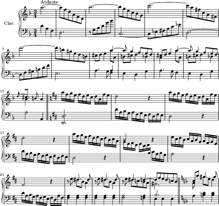 \version "2.18.2"
\header {
tagline = ##f
% composer = "Domenico Scarlatti"
% opus = "K. 294"
% meter = "Andante"
}
%% les petites notes
trillCisp = { \tag #'print { cis4.\prall } \tag #'midi { d32 cis d cis d cis~ cis16~ cis8 } }
upper = \relative c'' {
\clef treble
\key d \minor
\time 3/4
\tempo 4 = 92
\set Staff.midiInstrument = #"harpsichord"
\override TupletBracket.bracket-visibility = ##f
s8*0^\markup{Andante}
a'2.~ | a8 f d a f d | bes''2.~ | bes8 g e c bes g | c'2.~ |
% ms. 6
c8 a fis c a fis | d''2.~ | d8 b gis e d b | cis d e4 << { a4~ | a8 g4 f8 e d | cis d e4 } \\ { a8 a, | b cis d4 bes | a } >>
% ms. 11 suite
<< { a'4~ | a8 g4 f8 e d | \acciaccatura d16 \trillCisp \tempo 4 = 72 b8 \tempo 4 = 56 a4 } \\ { a'8 a, | b cis d4 bes | a } >> \tempo 4 = 92 \bar "||" \key d \major
% ms. 14
\repeat unfold 2 { a'16 fis g e fis d e cis d a fis' e | d2 r4 } | a'16 fis g e fis d e cis d b cis a | \stemUp b2 r4 | \stemNeutral
% ms. 20
e16 cis d b cis a b g a fis g e | fis2 r4 | \repeat unfold 2 { r8 e'8 << { \mergeDifferentlyDottedOn dis4. dis8 } \\ { dis8 b a4 } >> }
% ms. 24
r8 e'8 << { dis4 d4~ | d8 fis e d c b } \\ { dis8 c b a | gis2. } >> \bar "||" \key d \minor
% ms. 26
<< { \mergeDifferentlyDottedOn c8 a' gis4. gis8 } \\ { a,8 s8 gis'8 e d4 } >>
}
lower = \relative c' {
\clef bass
\key d \minor
\time 3/4
\set Staff.midiInstrument = #"harpsichord"
\override TupletBracket.bracket-visibility = ##f
% ************************************** \appoggiatura a16 \repeat unfold 2 { } \times 2/3 { } \omit TupletNumber
d4 a f | d2. | r8 g8 bes d g bes | c,,2.~ | c8 ees fis a c ees |
% ms. 6
d,2.~ | d8 f gis b d f | e,2.~ | a4. g8 << { a4 } \\ { f4 } >> e4 d g | a4. g8 f4 |
% ms. 12
e4 d g | a2 a,4 | \key d \major < d, d' >2.
% ms. 15
\repeat unfold 2 { d''16 a b g a fis g e fis d fis e | d2 r4 } | \stemDown \change Staff = "upper" g'16 e fis d e cis d \stemUp \change Staff = "lower" b \stemNeutral cis a b g |
% ms. 20
a2 r4 | d16 a b g a fis g e fis d a' fis | < fis a >4 q q | q q q |
% ms. 24
q2 < f a >4 | << { b2. } \\ { e,4 e e } >> || \key d \minor a4 < b d > q |
}
thePianoStaff = \new PianoStaff <<
\set PianoStaff.instrumentName = #"Clav."
\new Staff = "upper" \upper
\new Staff = "lower" \lower
>>
\score {
\keepWithTag #'print \thePianoStaff
\layout {
#(layout-set-staff-size 17)
\context {
\Score
\override SpacingSpanner.common-shortest-duration = #(ly:make-moment 1/2)
\remove "Metronome_mark_engraver"
}
}
}
\score {
\keepWithTag #'midi \thePianoStaff
\midi { }
}