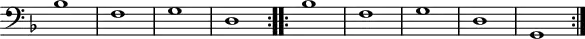 
\version "2.14.2"
\header {
  tagline = ##f
}

\score {
  \new Staff \with {
    \remove "Time_signature_engraver"

  }
<<
  \relative c' {
    \key f \major
    \clef bass
    \time 2/2
    \tempo 2 = 120
    \override TupletBracket #'bracket-visibility = ##f 
    \autoBeamOff
    \set Staff.midiInstrument = #"harpsichord"

     %%%%%%%%%%%%%%%%%%%%%%%%%% Romanesca
\repeat volta 2 {
     bes1 f g d
}
\repeat volta 2 {
     bes'1 f g d g,
}

  }
>>
  \layout {
    \context { \Score \remove "Metronome_mark_engraver" }
    \context {
      \remove "Metronome_mark_engraver"
    }
  }
  \midi {}
}
