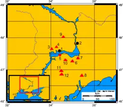 Villes et tombes royales Scythes, 1 Nikopol, 2 Zaporijjia, 3 Tovsta Mohyla, 4 Tchertomlyk, 5 fort de Kamienka, 6 Solokha, 7 La tombe de Hayman, 8 kourgane de Mélitopol, 9 Monticule d'Aleksandropyl, 10 Grande Cymbalka, 11 Kozel, 12 Ogouz.