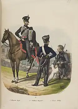 Hussards Prussiens à gauche à cheval et au centre.