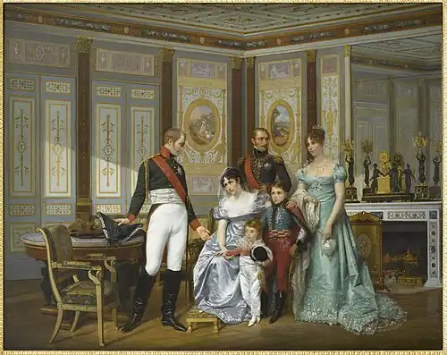 L'Impératrice Joséphine reçoit à la Malmaison la visite du tsar Alexandre Ier, à qui elle recommande ses enfants, le prince Eugène, la reine Hortense et ses fils Napoléon-Louis et Louis-Napoléon (futur Napoléon III) (mai 1814) (vers 1864), château de Malmaison.