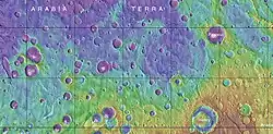 Carte MOLA, montrant le cratère Pasteur et d’autres cratères à proximité. Les couleurs indiquent les élévations.