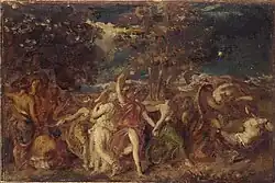 Peinture à l'huile mythologique : groupe de personnages nus dansant, scène dynamique aux tons terreux, perspective au niveau du sol. Style réaliste-impressionniste, ambiance romantique et contemplative, avec un paysage forestier en arrière-plan.